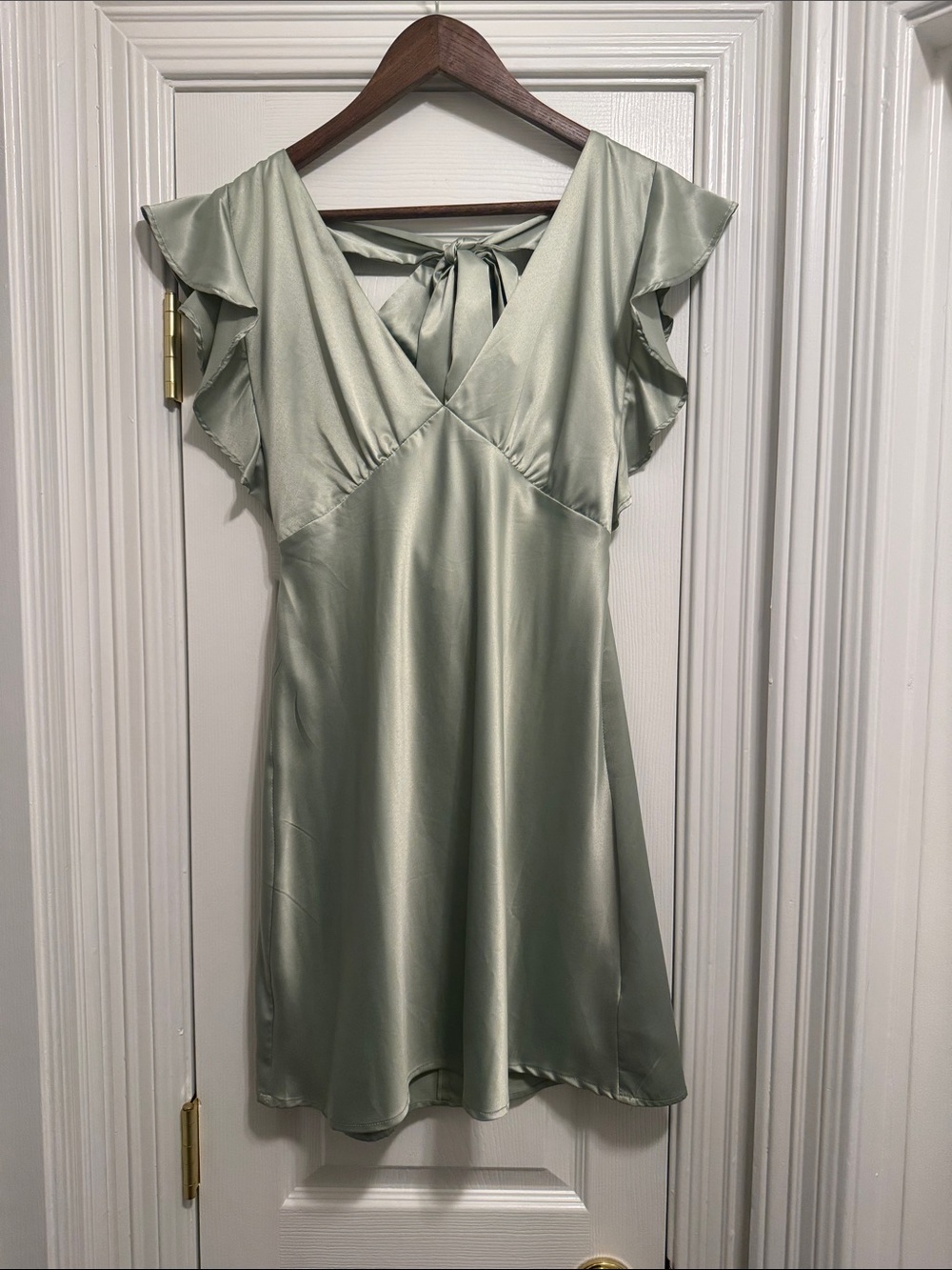 Altar'd State Light Sage Satin Tie-Back Ruffle Dress